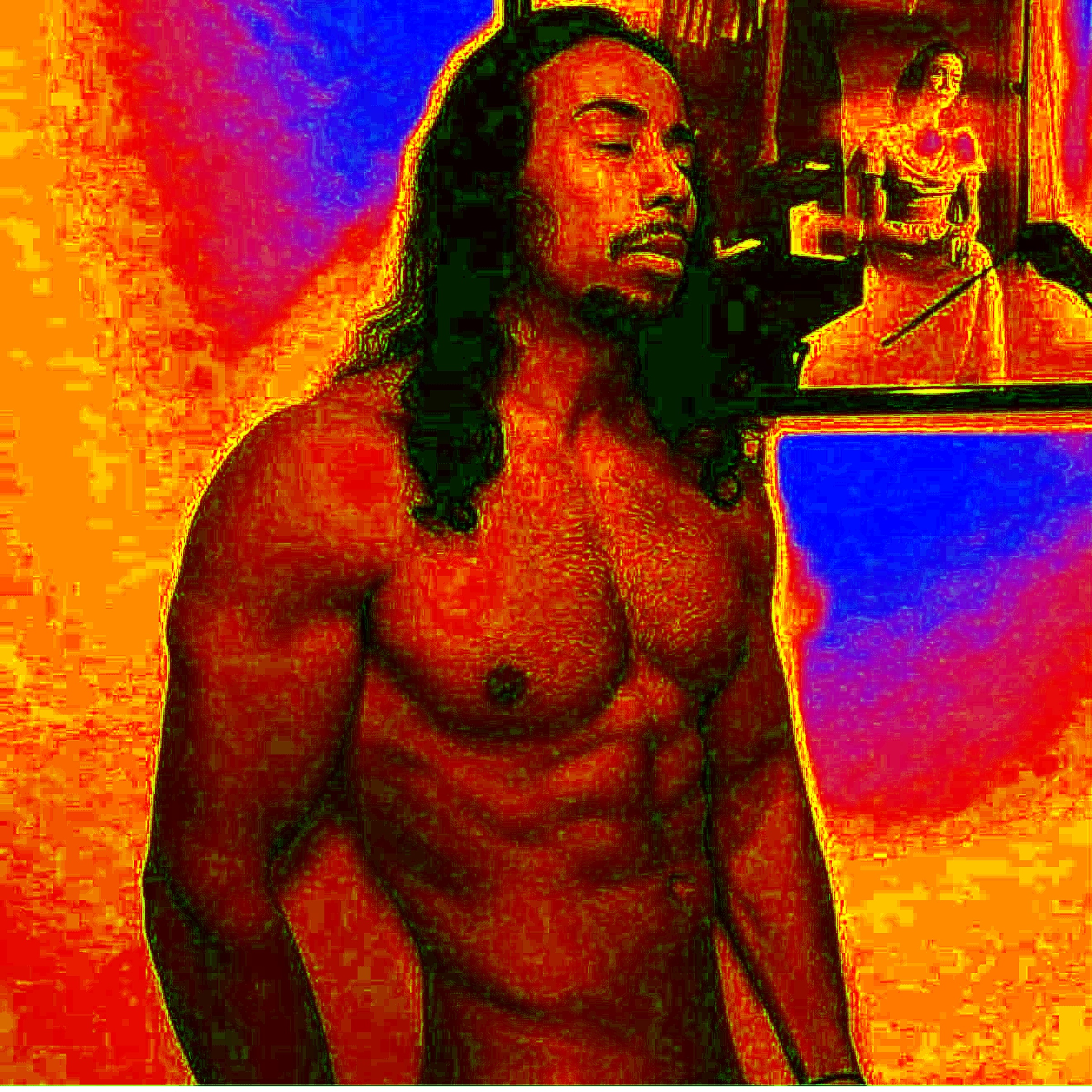 Damien in a stylized neon portrait with cinematic color treatment