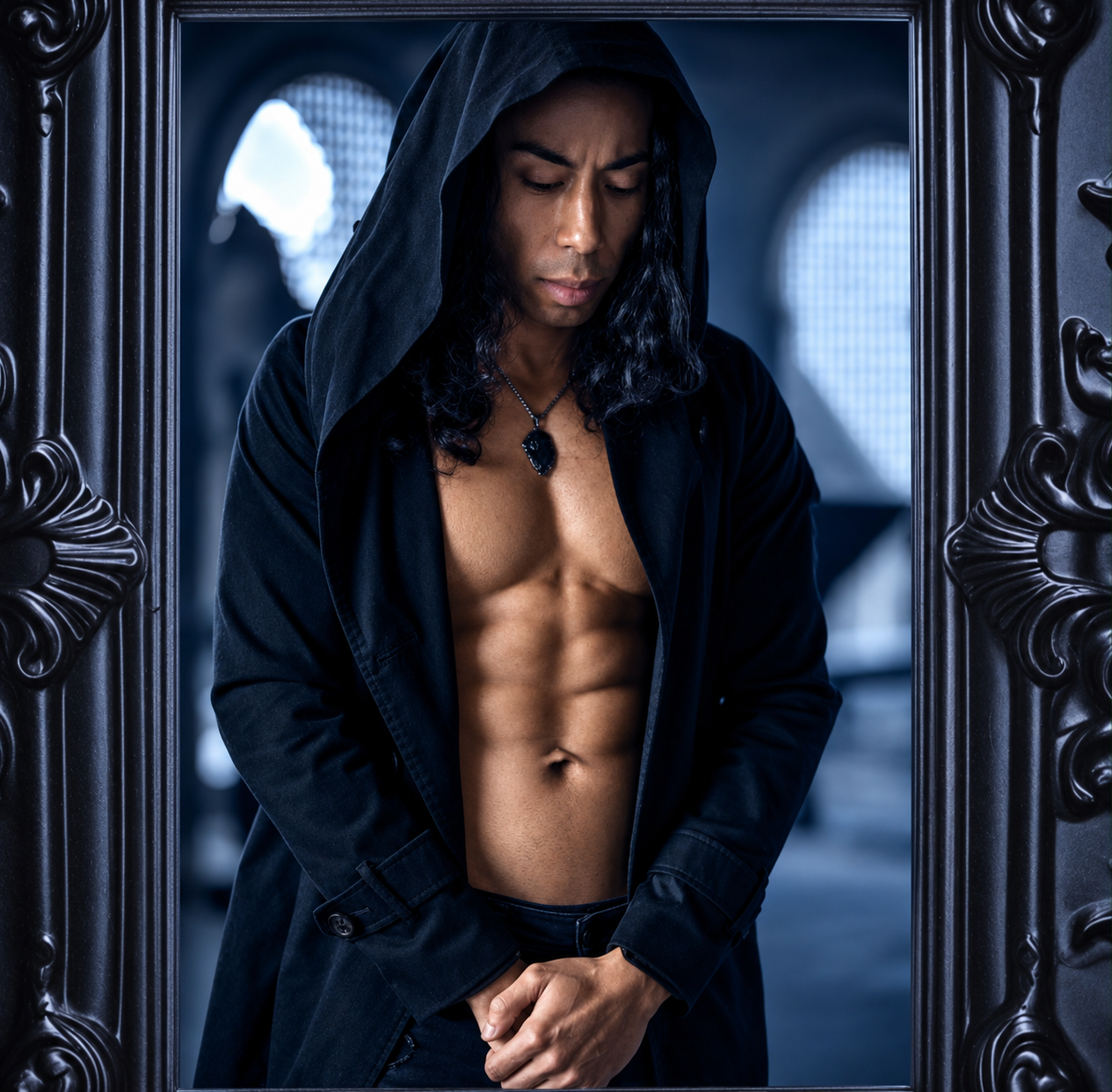 Damien in a hooded portrait framed by ornate black detailing