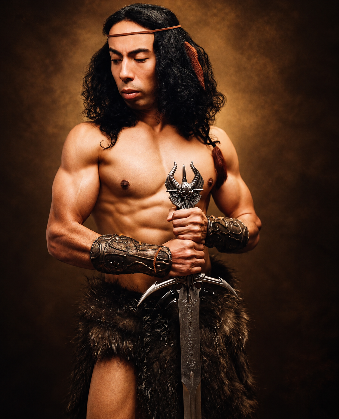 Damien in a dramatic warrior-inspired portrait with ornate blade